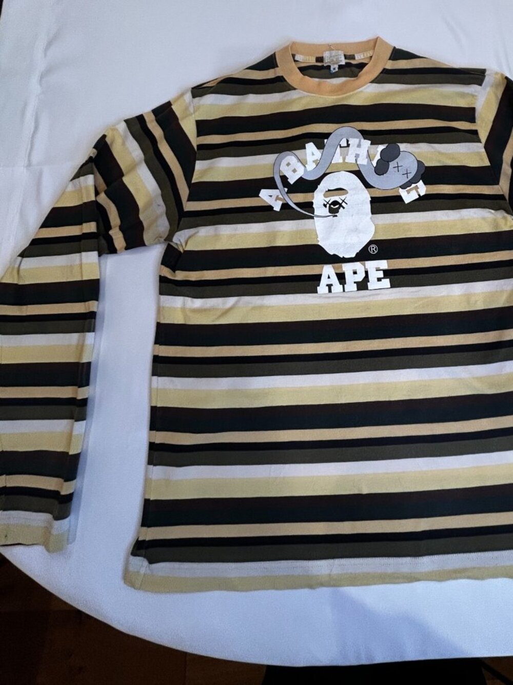 2005 BAPE x KAWS Bendy College Logo Striped Long Sleeve Shirt Size M